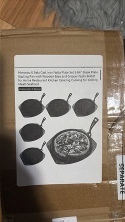 6-Set Cast Iron Fajita Plate Set 9.84” Sizzling Pans with Wooden Bases & Gripper