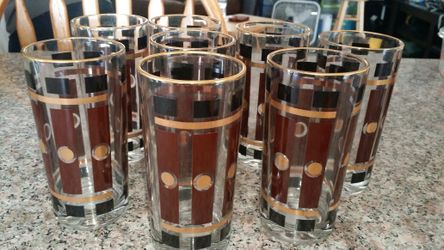 MODERN GLASS Set of 8 MID CENTURY GOLD TRIM