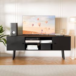 TV Stand for 48''-55''TV, Mid Century Modern TV Console, Entertainment Center with 2 Storage Cabinets, Adjustable Shelf and Power Outlets fo