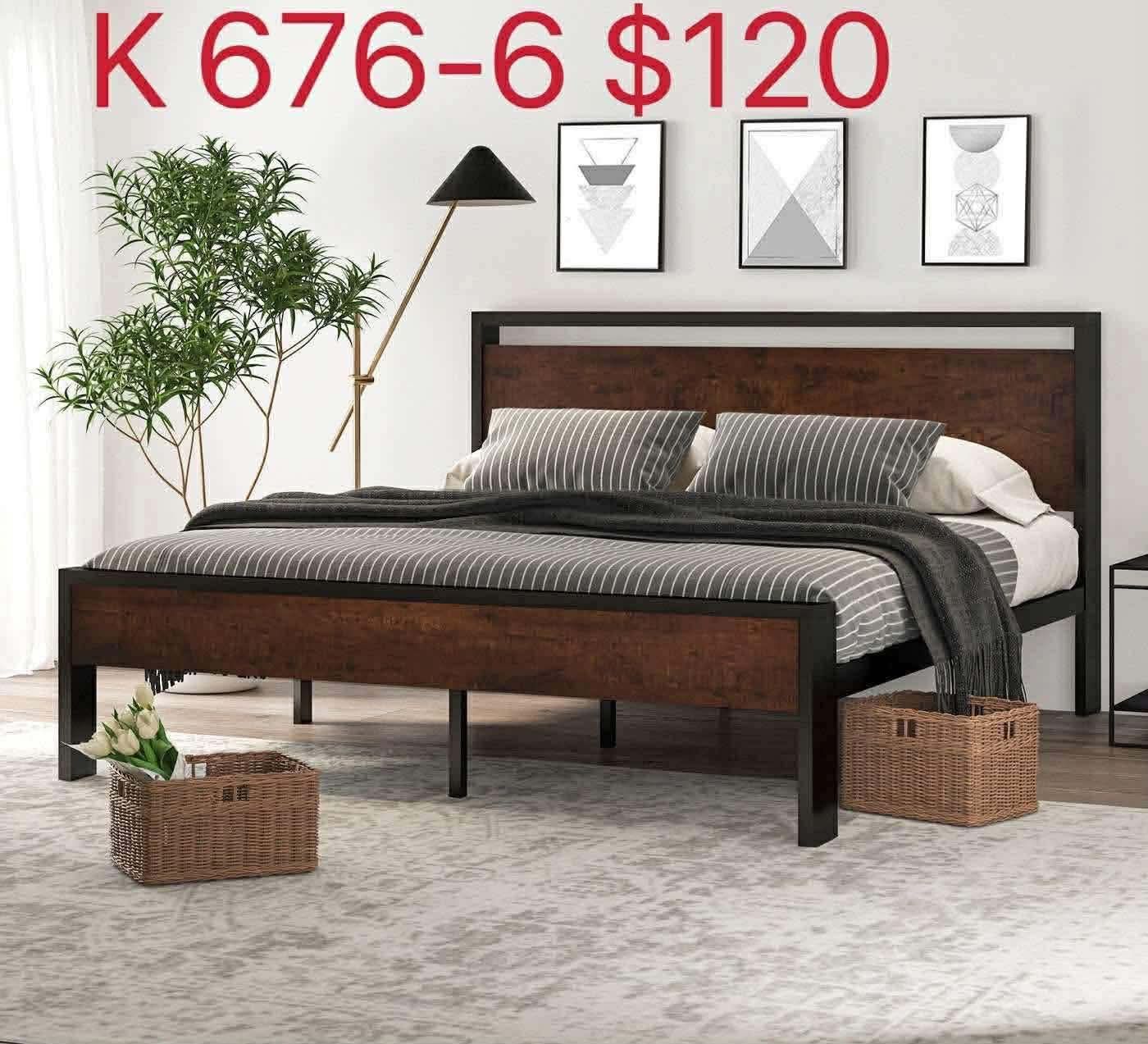King Size Metal Platform Bed Frame with Wooden Headboard(676-6)
