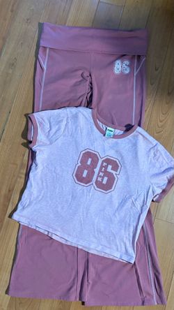 VS PINK 2-Piece Lounge Set Large Pink 86 Ringer Crop Tee & Foldover Flare Pants
