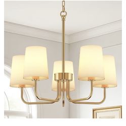 BLNAN Farmhouse Chandelier, 5-Light Gold Plating Chandeliers for Dining Room, Height Adjustable Dining Room Light Fixture with White Fabric Shade, Cha