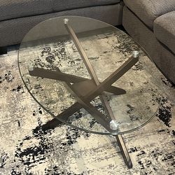 Modern Glass Oval Coffee Table – Espresso Wood Base w/ Chrome Accents