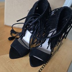 Zara black fringed sandals stiletto heel lace-up ankle straps US 6, EUR 36