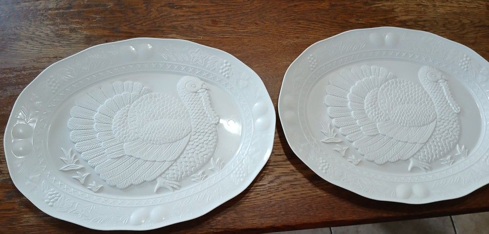 Thanksgiving turkey platter WHITE plastic holiday centerpiece serving trays