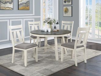 5-Piece Dining Set, Round Dining Set, Farmhouse Dining Table, Chairs, Table and Chairs, Dinette Set, Kitchen Table, Gray wood Table Top with OffWhite 