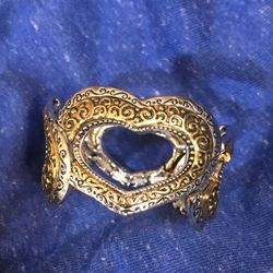 Gorgeous Ornate Etching On Gold And Silver Tone Heart Cuff