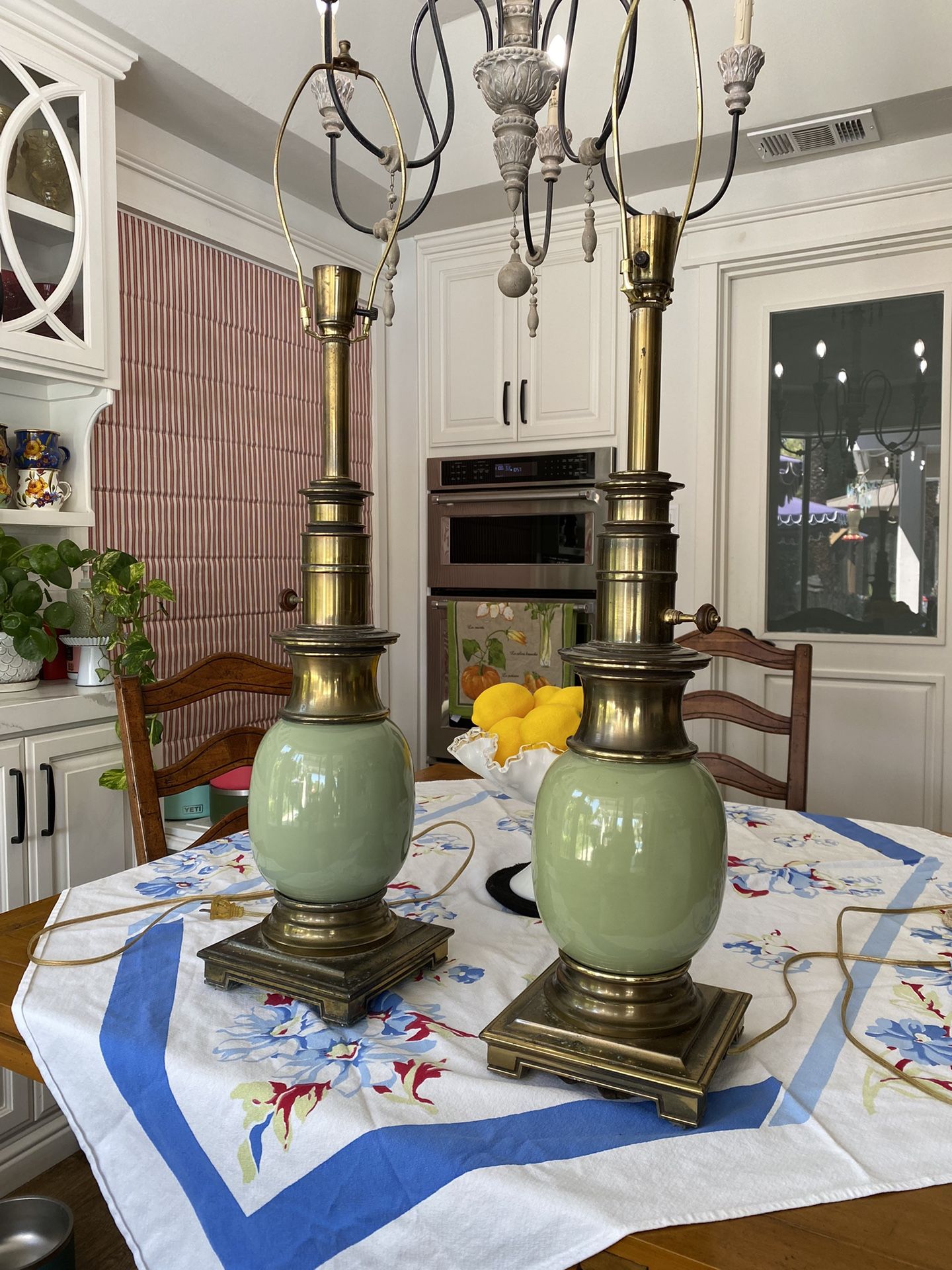 Vintage Pair of Stiffel Brass and Sage Ceramic Ostrich Egg Table Lamps