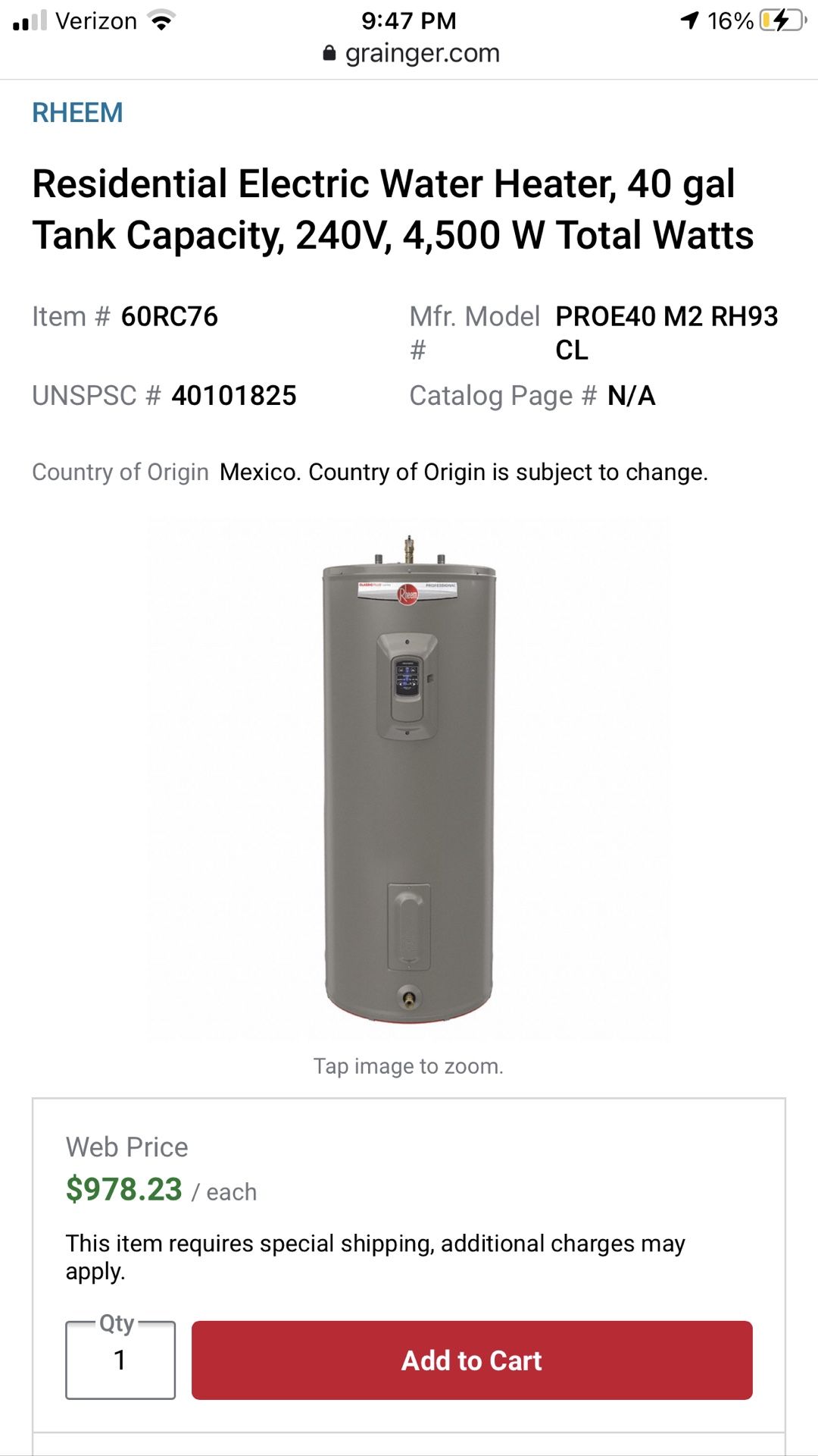 Rheem Performance Platinum Electric Water Heater - Under Warranty