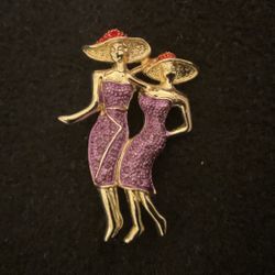 Goldtone Brooch With Red And Purple Crystals 