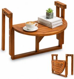 VINGLI Acacia Wood Folding Balcony Hanging Table – Adjustable Height & Width, Balcony Railing Table