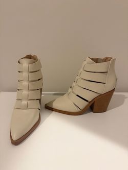 Cream Strappy Pointed-Toe Block Heel Booties