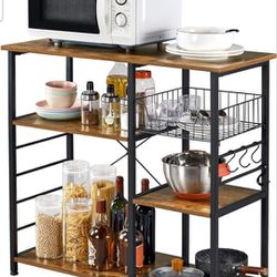 Kitchen Island, 3-Tier Industrial Microwave Stand Cart Shelf, Freestanding Utility Storage Rack for Spice Rack Organizer w/6 S-Shaped Hooks, Easy Asse