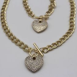 2 Pc Heart Charm Necklace & Bracelet Set (Gold)