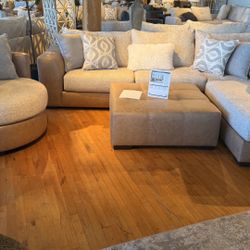 Mysa Oatmeal plush Sherpa style fabric sectional with swivel chair and ottoman