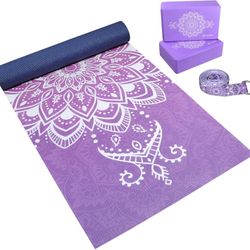Comfy Yoga Complete Yoga Mat Gift Set - Unique All-Over Mandala Print - Eco-Friendly, Non-Toxic Yoga Gift Set Kit w/ 6mm Yoga Mat, 2 Blocks, 8‘ Strap 