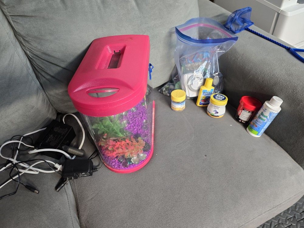 Pink frame fish tank 1 gallon with lots of extras