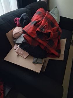 Box of clothing, leggings,hoodie, shirts, poster, shoes