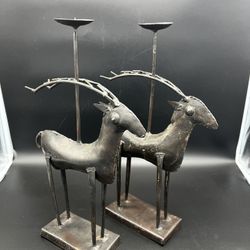 Primitive Pair of Metal Deer Candlestick Holders Qty 2 