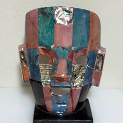Vintage Aztec Mexican Mayan Tessellated Semi Precious Stone Mask With Onyx Abalone And Mother Of Pearl
