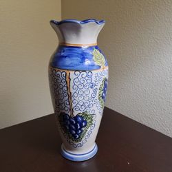 Asian-Inspired Ceramic Vase 9"x3.5" – White with Vines, Leaves & Grapes Design