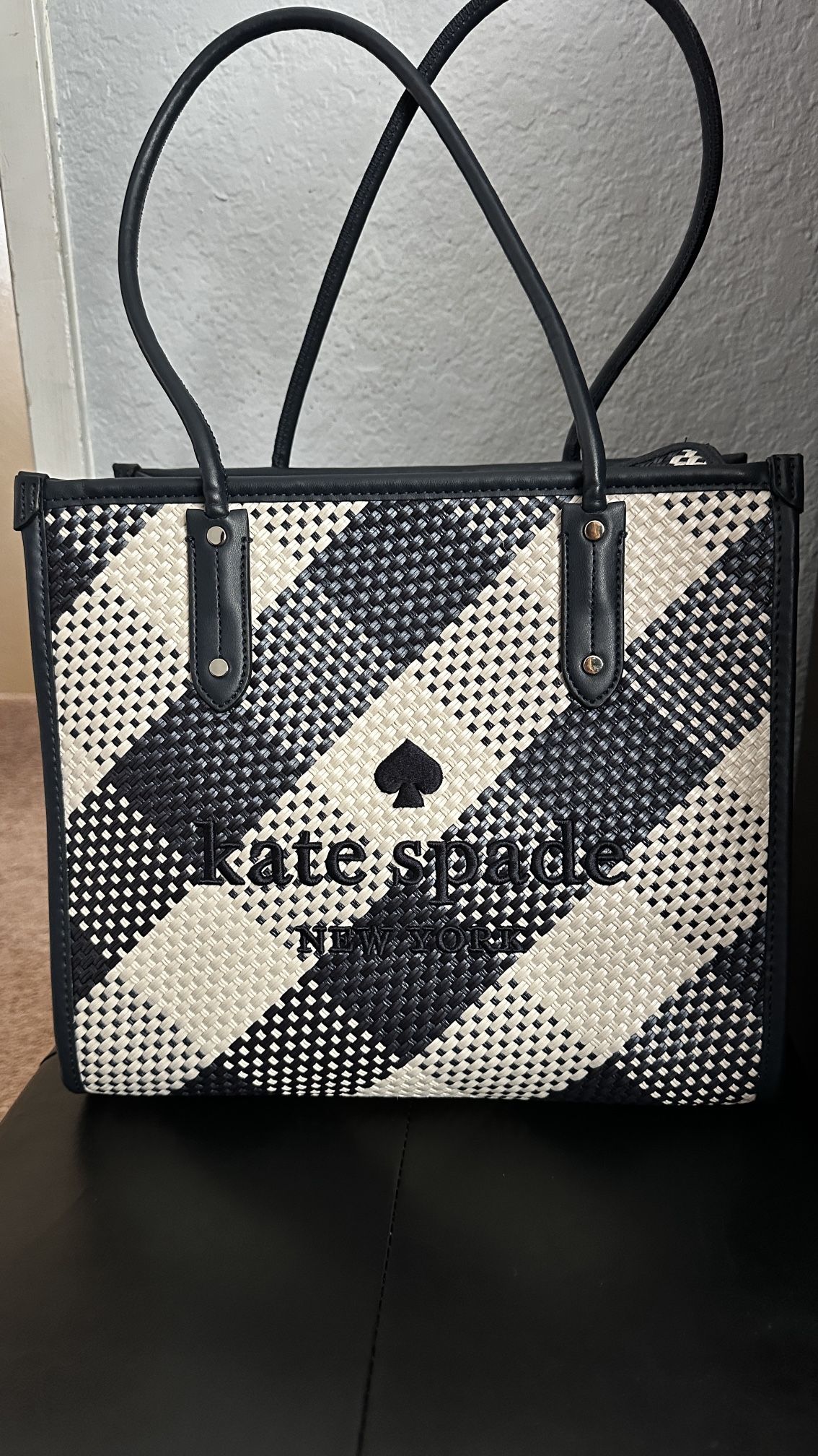 Kate Spade Ella Large Tote Navy Blue Woven Gingham Shoulder Bag