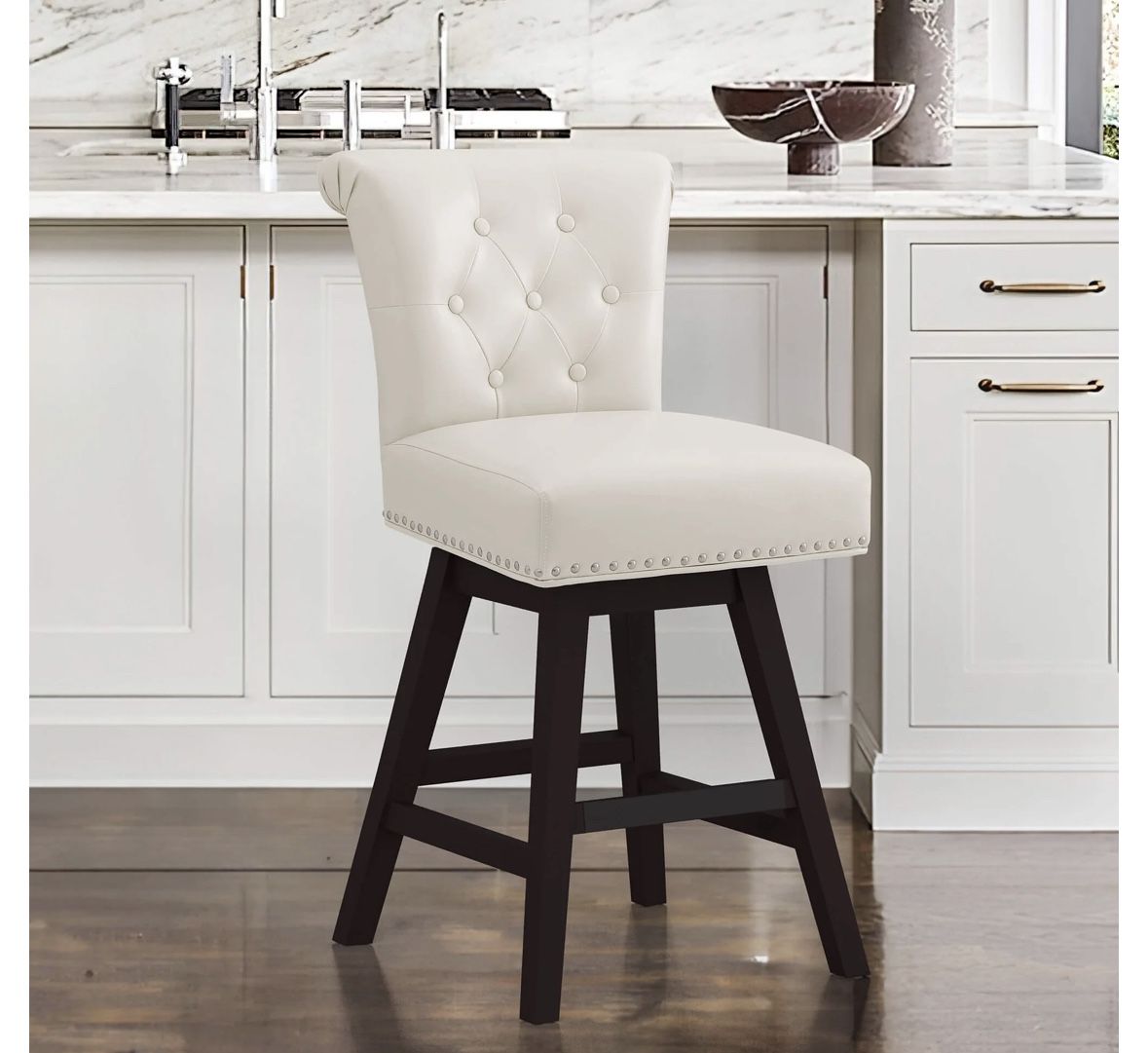 Counter Height Bar Stools 26 Inch Swivel Bar Stool with Back, Faux Leather Counter Stools with Footrest, Retro Upholstered Barstools for Kit