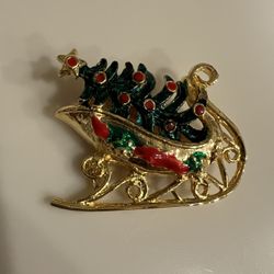 Gold Tone Christmas Sleigh Brooch