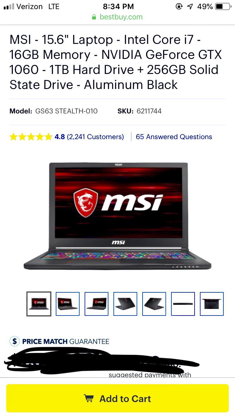 MSI Laptop - 15.6” - Intel i7 - GeForce GTX 1060 - 1TB Hard Drive + 256GB Solid State Drive - Model GS63VR Stealth Pro - Gaming Laptop