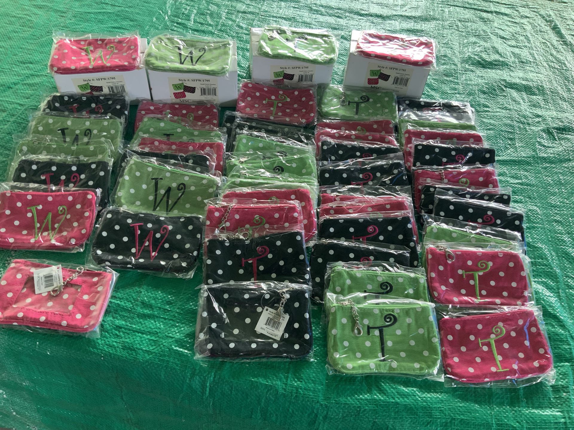 NWT 78 pieces Pink, Black,Green fabric pouches  39 letter T & 39 letter W 