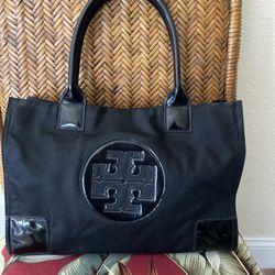 Tory Burch Ella Black Patent Leather & Nylon Tote 
