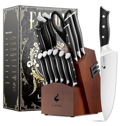 Knife Set with Block - Kitchen Knife Set German High-Carbon Stainless Steel with Built-in Sharpener