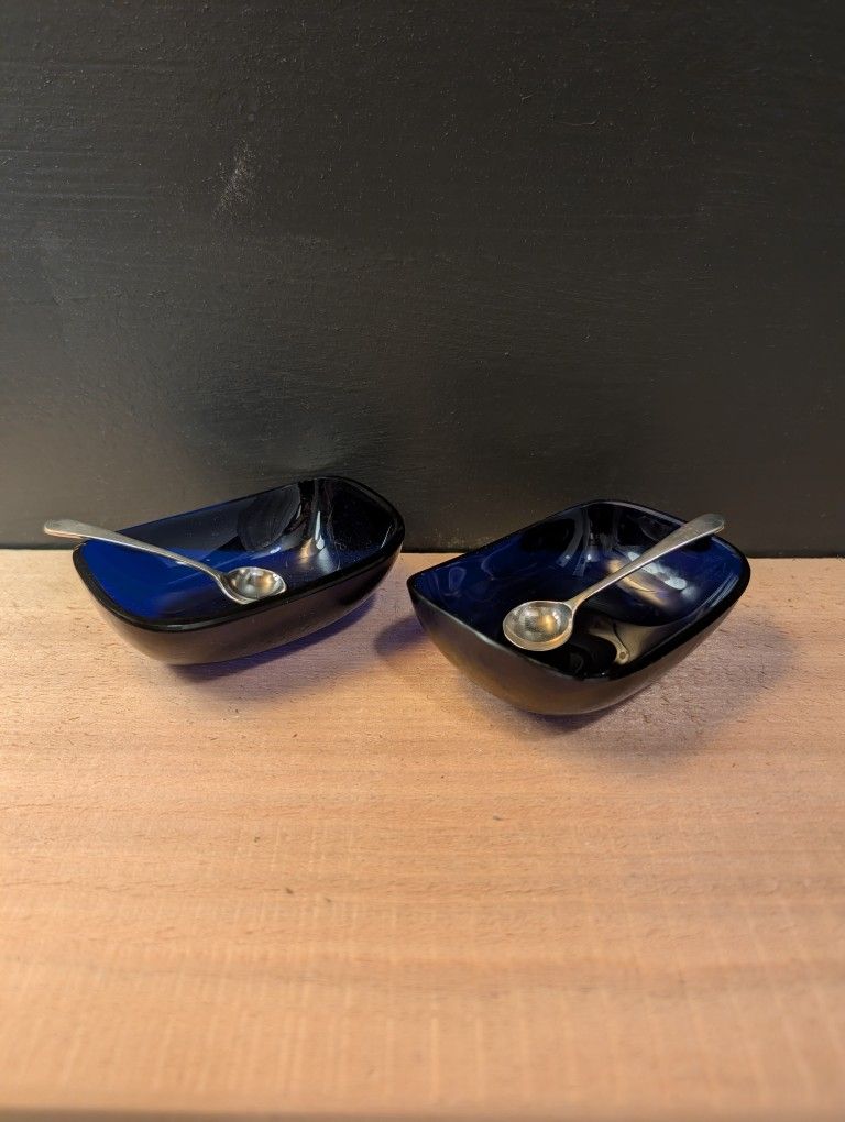 Vintage Cobalt Blue Salt Celler Inserts With Tiny Spoons 