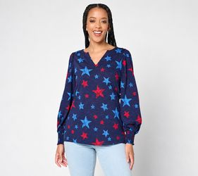 Belle by Kim Gravel Slub Knit Smocked Sleeve Printed Top Americana Stars, Medium