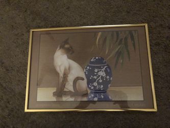 Siamese cat w/oriental jar print in gold tone frame 16”x12”