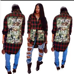 Patch design plaid shirt dress