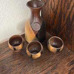 Ceramic Wine Carafe With 3 Ceramic Cups