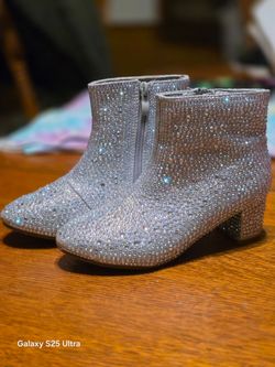 Silver Rhinestone Ankle Boots with Block Heel
