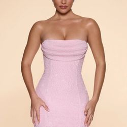 Embellished Strapless Cowl Neck Mini Dress in Blush