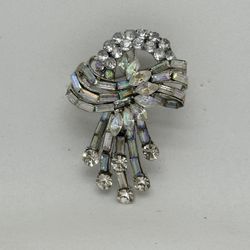 Vintage 1960's Silver-Tone Rhinestone Bow-Shaped Pin Brooch ~ 30mm x 50mm