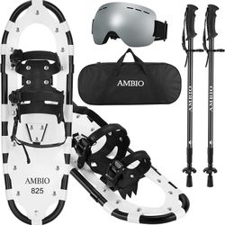 "4-in-1 Light Weight Snowshoes Set for Men Women Youth Kids, Aluminum Alloy Terrain Snow Shoes with Trekking Poles , Snow Goggles and Carrying Tote Ba