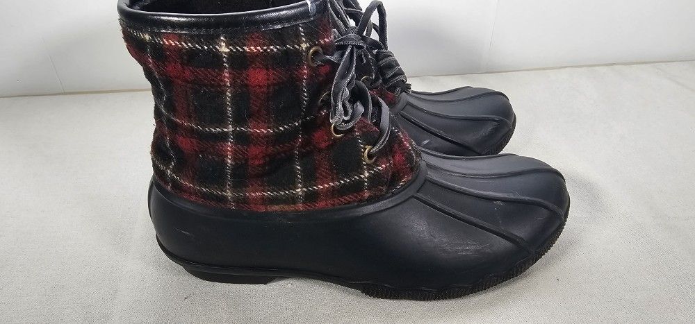 Seven7 Rain Boots Duck Boots Upper Goose Wool Wine Black Plaid - Size 8