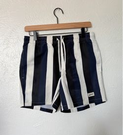 Bather men’s Navy & white vertical striped mesh lined beach swim trunks size Small