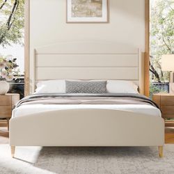 Cozy Castle Queen Size Bed Frame 50.4" High Wingback Headboard Velvet Upholstered Bed/No Box Spring Required/Wood Slat Support/Easy Assembly (Beige)