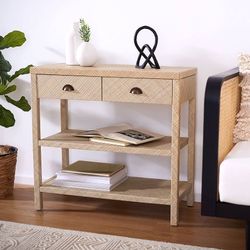 Light Natural Raffia/Gold Console Table 31" W X 14" L 30" H Modern Contemporary Rectangular Wood Finish