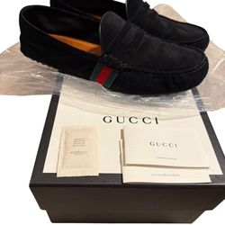 Gucci Men Flag Black Suede Driving Moccasin Loafer Sz 8.5/42US — Queen NS Grosgrain Pesante 