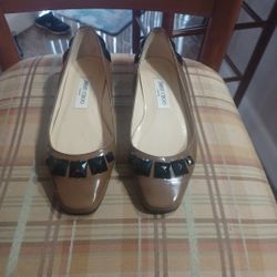Jimmy Choo  Brown Flats Patent  Leather Cryatal  Embellishments  Ballet  Square  Toes  Size 7