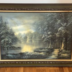 Vintage Framed Oil On Canvas Painting River Landscape Signed by Williams