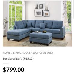 Blue Sectional Sofa - Ottoman Sold Separately 