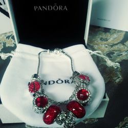 Brand New In Box Pandora Bracelet Red And Silver W/Pink & Red Heart